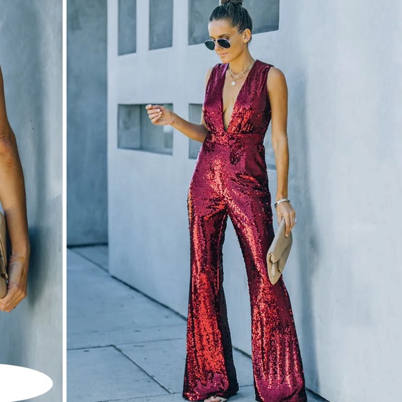Vici Pants - Burgundy Sequin Jumpsuit